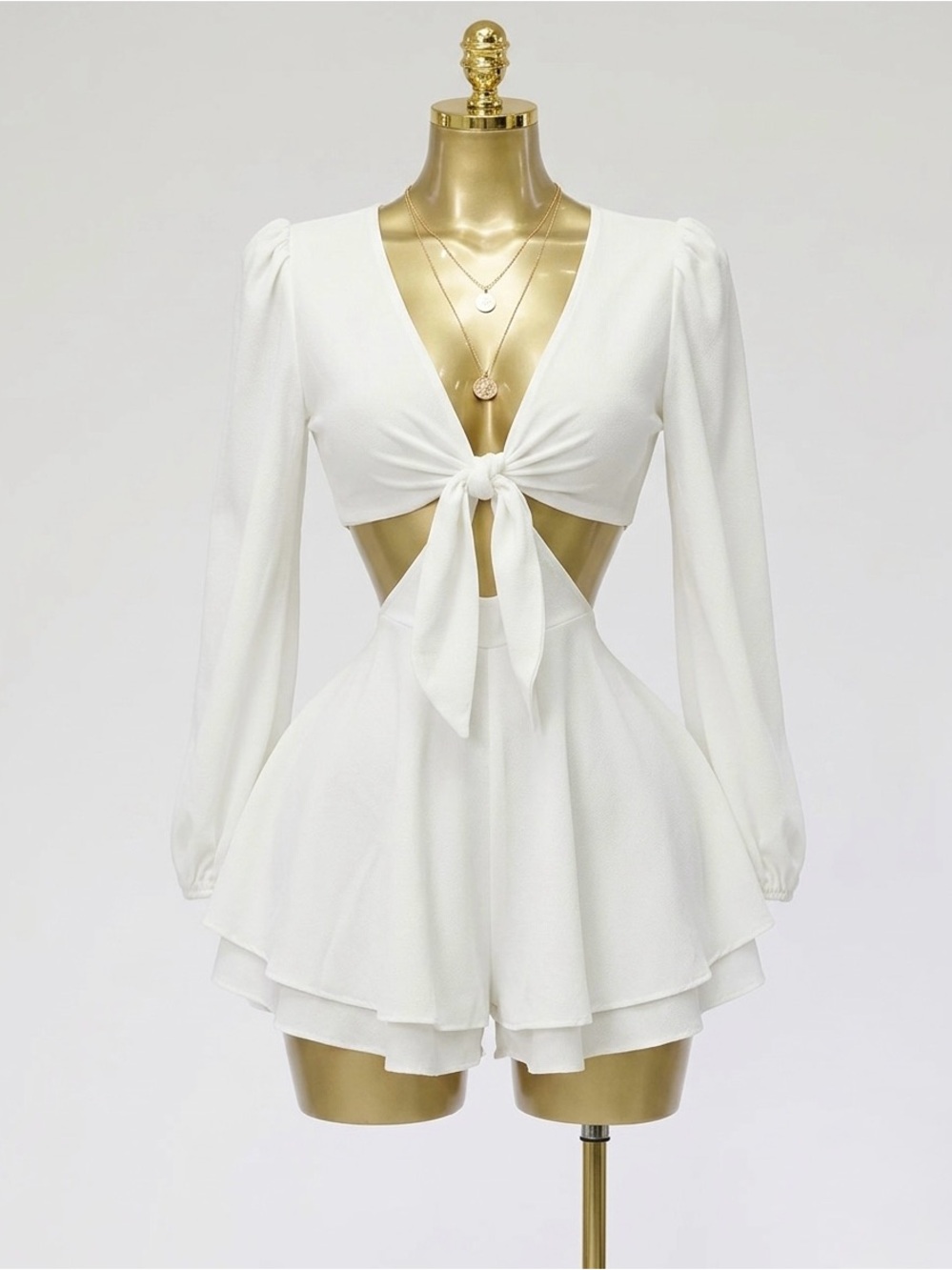 Women's White Tie-Front Long Sleeve Romper